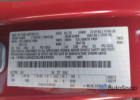 2025 Ford Escape St-Line Select z USA, uszkodzony, nr VIN 1FMCU9NZ2SUB25022